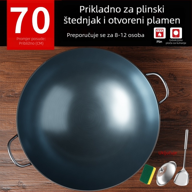 Wok od lijevanog željeza bez premaza, s dva držača i okruglim dnom, za kućnu i profesionalnu upotrebu.