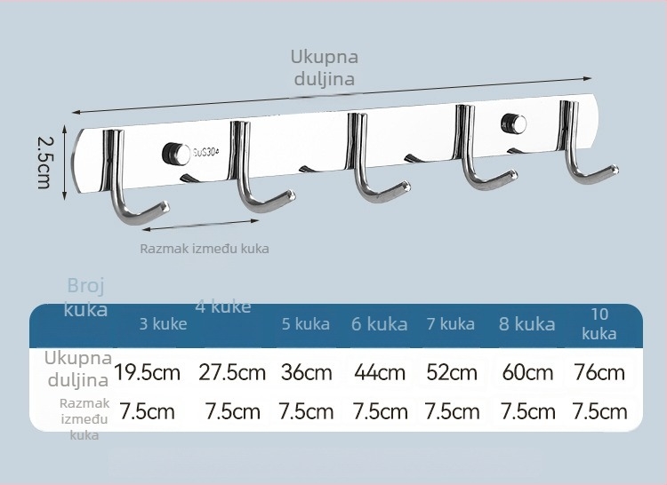 Niz kukica od nehrđajućeg čelika za kuhinju i kupaonicu, bušenje, snažna nosivost