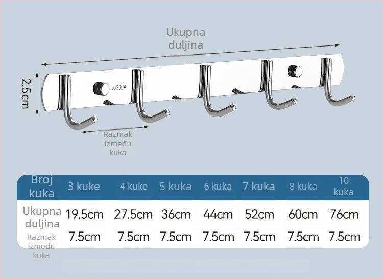 Niz kukica od nehrđajućeg čelika za kuhinju i kupaonicu, bušenje, snažna nosivost