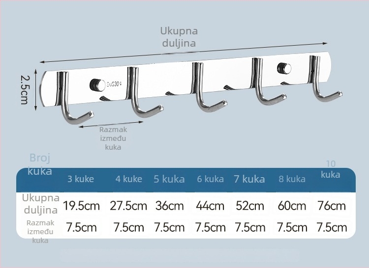 Niz kukica od nehrđajućeg čelika za kuhinju i kupaonicu, bušenje, snažna nosivost