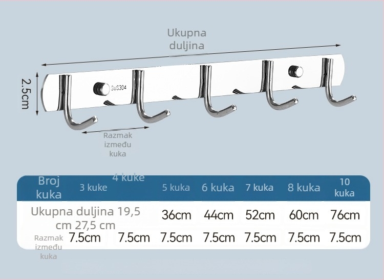 Niz kukica od nehrđajućeg čelika za kuhinju i kupaonicu, bušenje, snažna nosivost