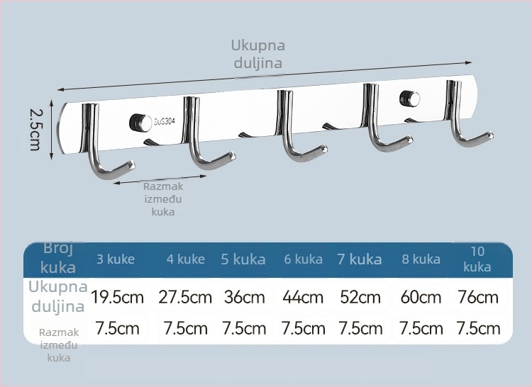 Niz kukica od nehrđajućeg čelika za kuhinju i kupaonicu, bušenje, snažna nosivost