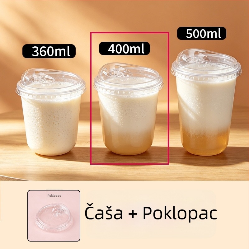 Jednokratna plastična čaša u obliku U, prozirna, debela, promjera 90 mm, za čaj s mlijekom i američku kavu