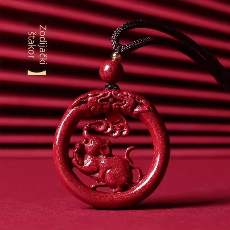 Okrugli medaljon od cinabara s motivom zodijaka i zmajem, gravirano, unisex