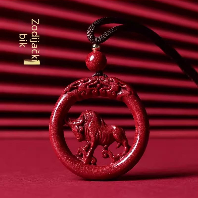 Okrugli medaljon od cinabara s motivom zodijaka i zmajem, gravirano, unisex