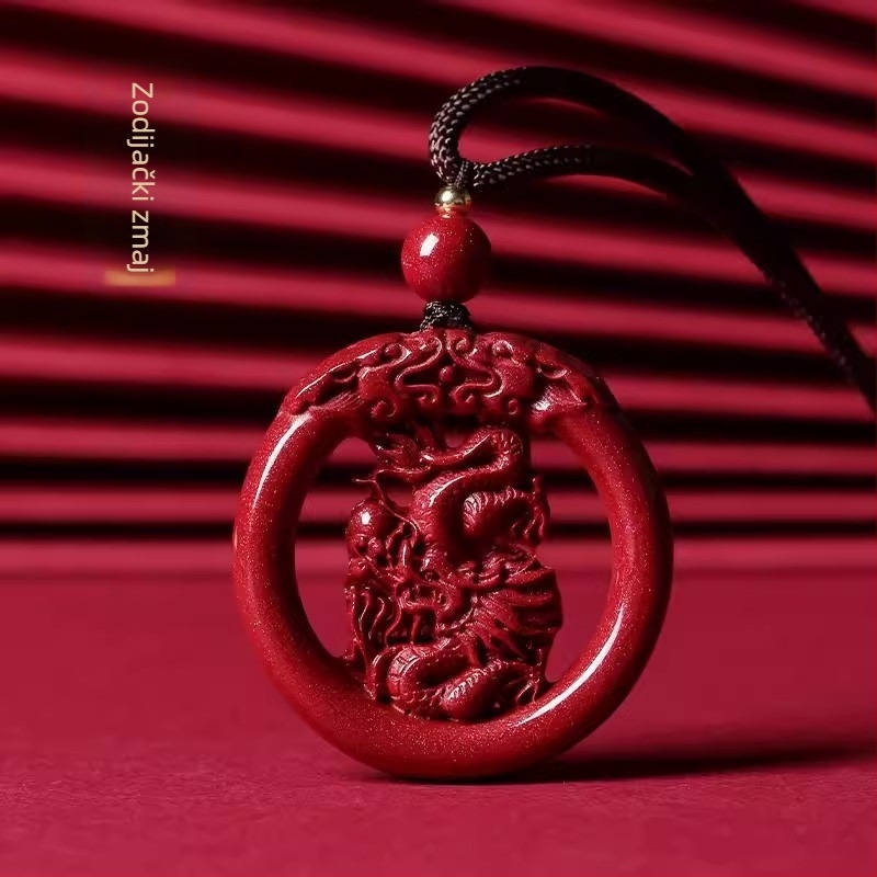 Okrugli medaljon od cinabara s motivom zodijaka i zmajem, gravirano, unisex
