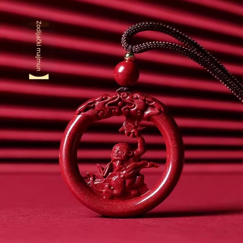 Okrugli medaljon od cinabara s motivom zodijaka i zmajem, gravirano, unisex