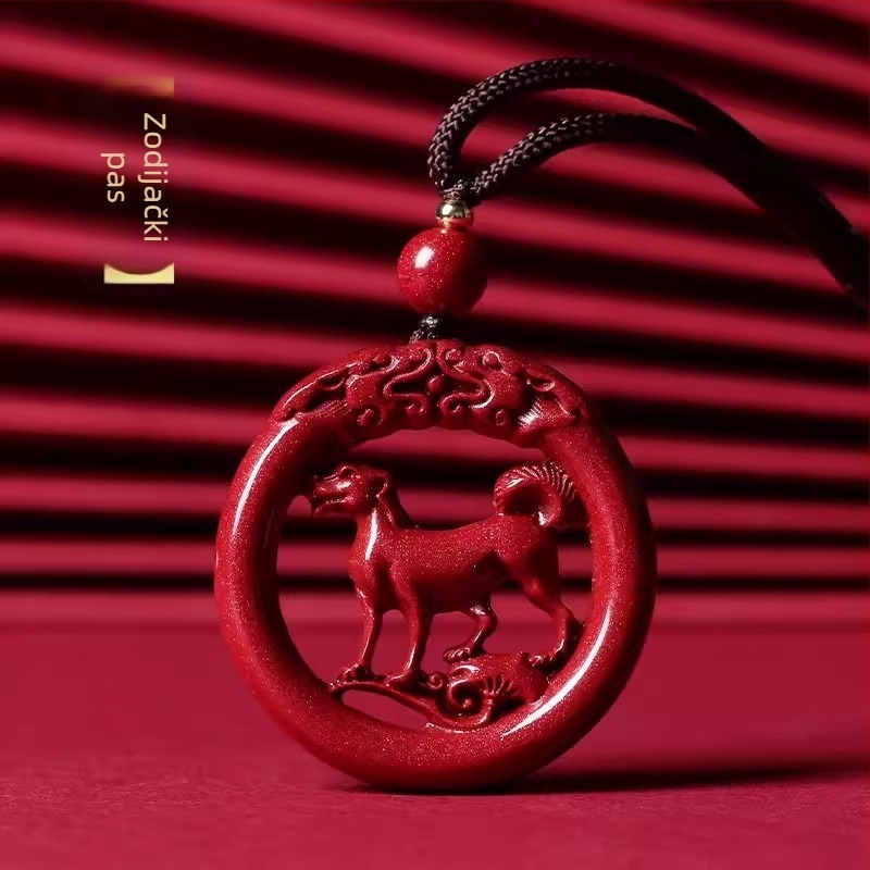 Okrugli medaljon od cinabara s motivom zodijaka i zmajem, gravirano, unisex