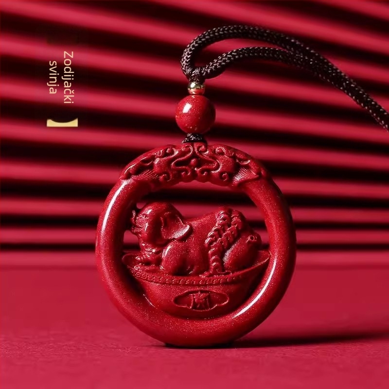 Okrugli medaljon od cinabara s motivom zodijaka i zmajem, gravirano, unisex