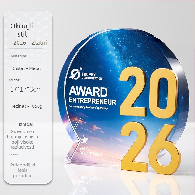 2026 visokokvalitetni kristalni trofej – izvanredan tim zaposlenika, memorijalna medalja s besplatnim graviranjem za godišnju svečanost