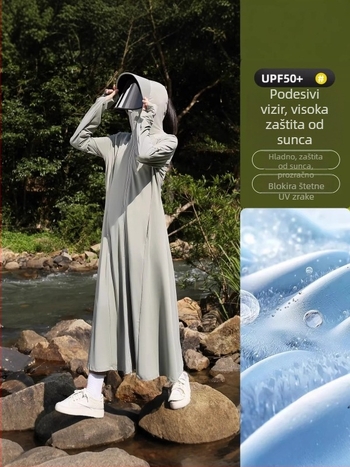 Ženska duga jakna za zaštitu od sunca, s rubom i UV zaštitom, ice silk materijal, za vanjsku upotrebu ljeti