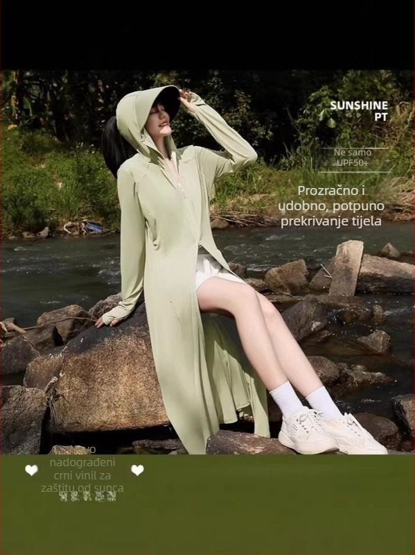 Ženska duga jakna za zaštitu od sunca, s rubom i UV zaštitom, ice silk materijal, za vanjsku upotrebu ljeti