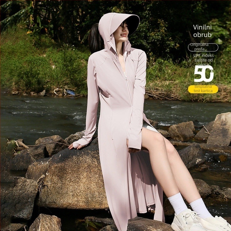 Ženska duga jakna za zaštitu od sunca, s rubom i UV zaštitom, ice silk materijal, za vanjsku upotrebu ljeti
