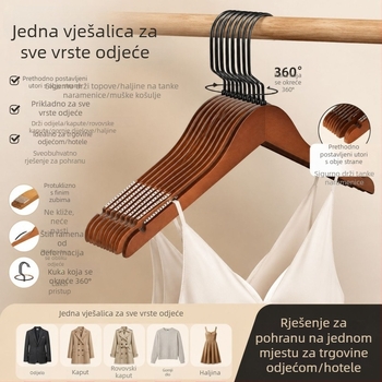 Retro tamno smeđa masivna drvena vješalica za odjeću, debela i teška konstrukcija, pogodna za luksuzne hotele i gostinjke, skladištenje u garderobi, na lageru