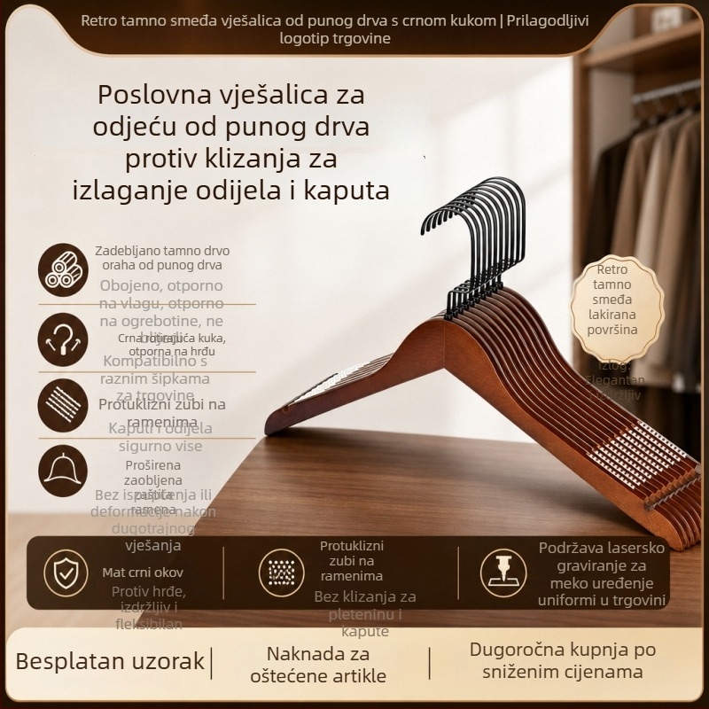 Retro tamno smeđa masivna drvena vješalica za odjeću, debela i teška konstrukcija, pogodna za luksuzne hotele i gostinjke, skladištenje u garderobi, na lageru