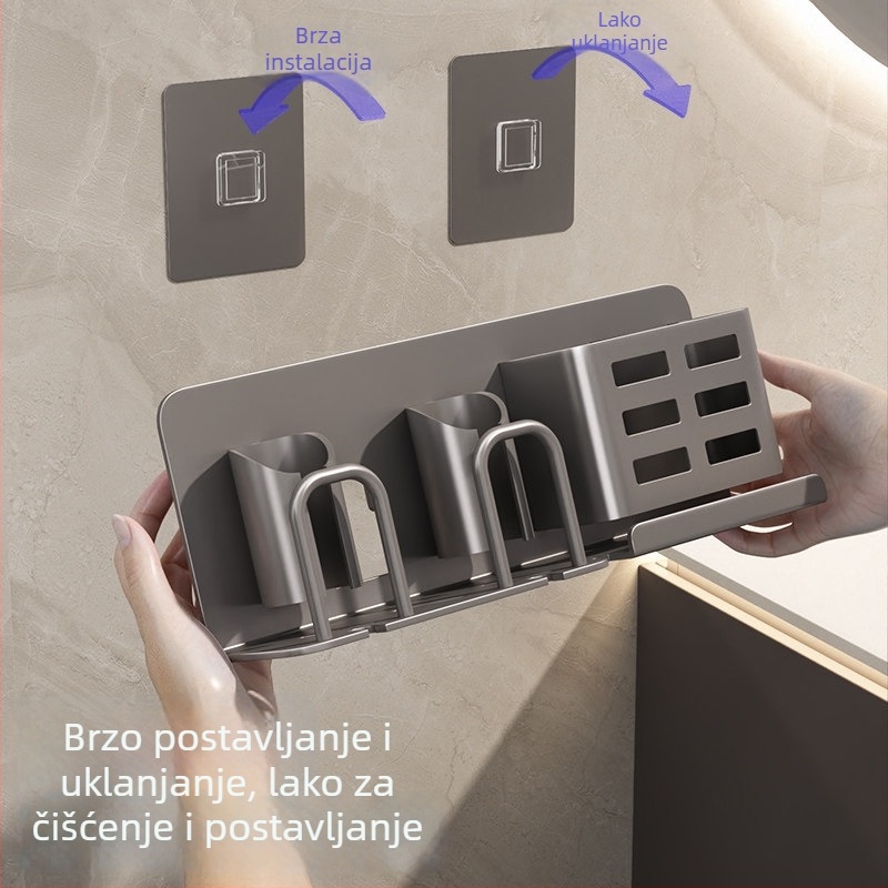 Zidni držač za električne četkice za zube, gunmetal siva, bez bušenja, organizator kupaonice