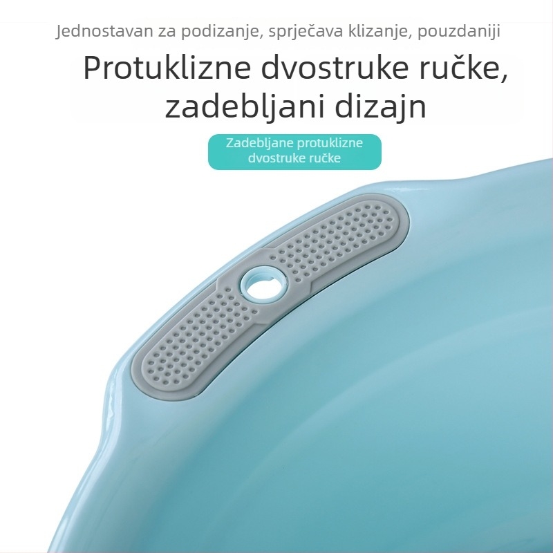 Veliko plastično korito za kućnu upotrebu, s debelom konstrukcijom za pranje odjeće, stopala, povrća i lica; pogodno za bebe, studente i domove.