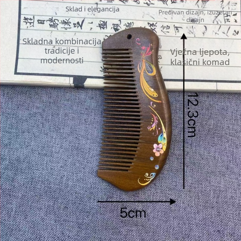 Ručno oslikani češalj od crnog sandalovog drveta – drveni češalj za kosu s masažom, poklon za žene