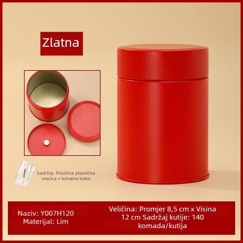 Okrugla limenka od tin plate za čaj, zapečaćena metalna, 125 g kapaciteta, zlatno/crveno, prilagodljivo