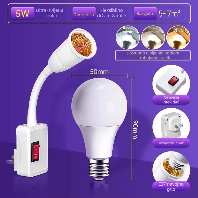 LED žarulja za spavaću sobu — ultra jarko osvjetljenje, plug-in noćna svjetiljka sa prekidačem, zidna lampica uz krevet