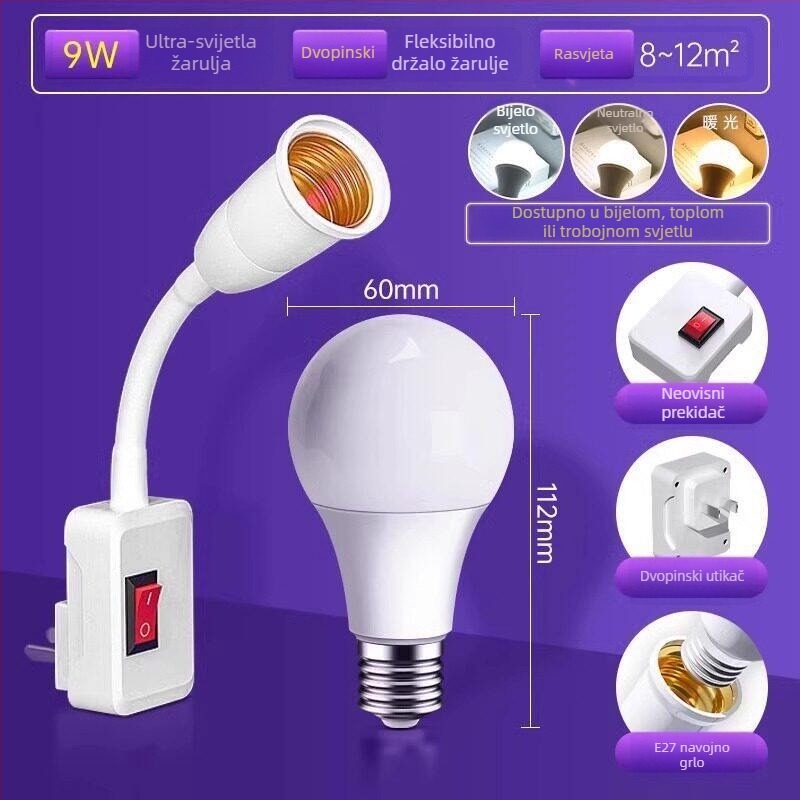 LED žarulja za spavaću sobu — ultra jarko osvjetljenje, plug-in noćna svjetiljka sa prekidačem, zidna lampica uz krevet