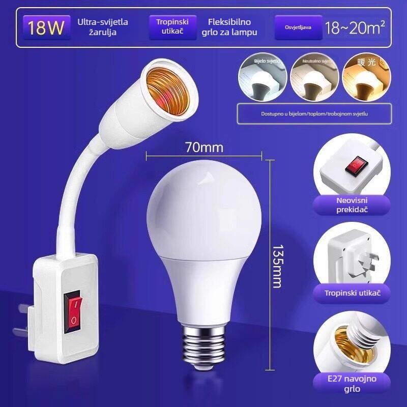 LED žarulja za spavaću sobu — ultra jarko osvjetljenje, plug-in noćna svjetiljka sa prekidačem, zidna lampica uz krevet