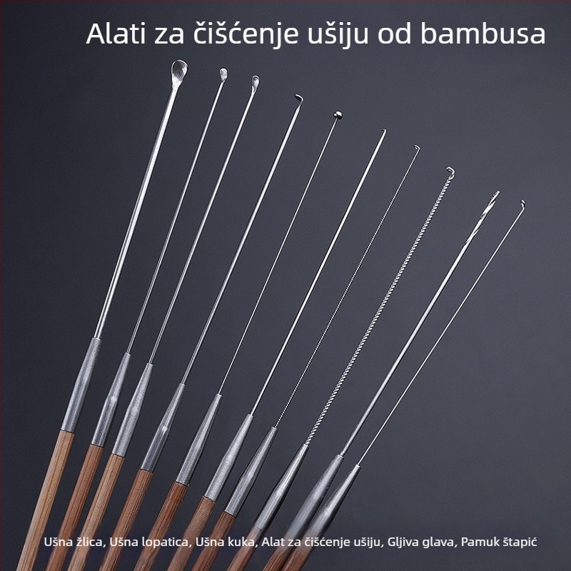 Profesionalni set alata za čišćenje uha s ultratankom žličicom za uho, žlicom za uho, kukom za cerumen te drvenim držačima