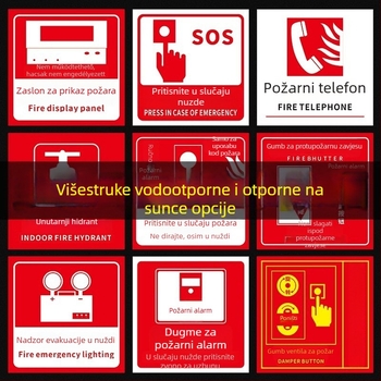 PVC samoljepljivi set oznaka za zaštitu od požara, veličina 10x10 cm, razne oznake: gumb alarma za požar, prikaz požara, hitni telefon, zvuk i vizualni alarm, i dr.