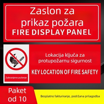 PVC samoljepljivi set oznaka za zaštitu od požara, veličina 10x10 cm, razne oznake: gumb alarma za požar, prikaz požara, hitni telefon, zvuk i vizualni alarm, i dr.