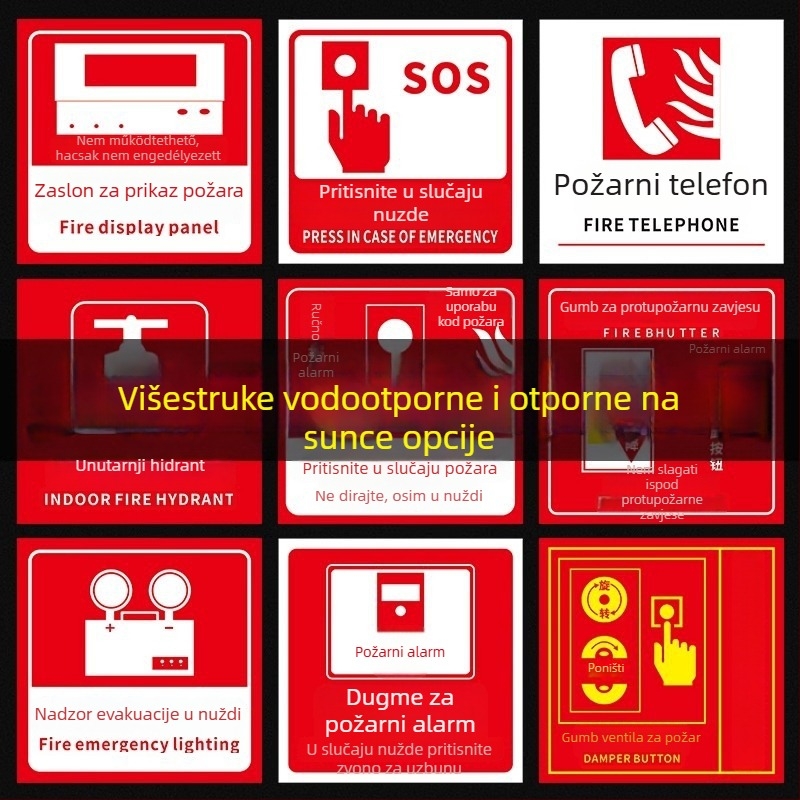 PVC samoljepljivi set oznaka za zaštitu od požara, veličina 10x10 cm, razne oznake: gumb alarma za požar, prikaz požara, hitni telefon, zvuk i vizualni alarm, i dr.