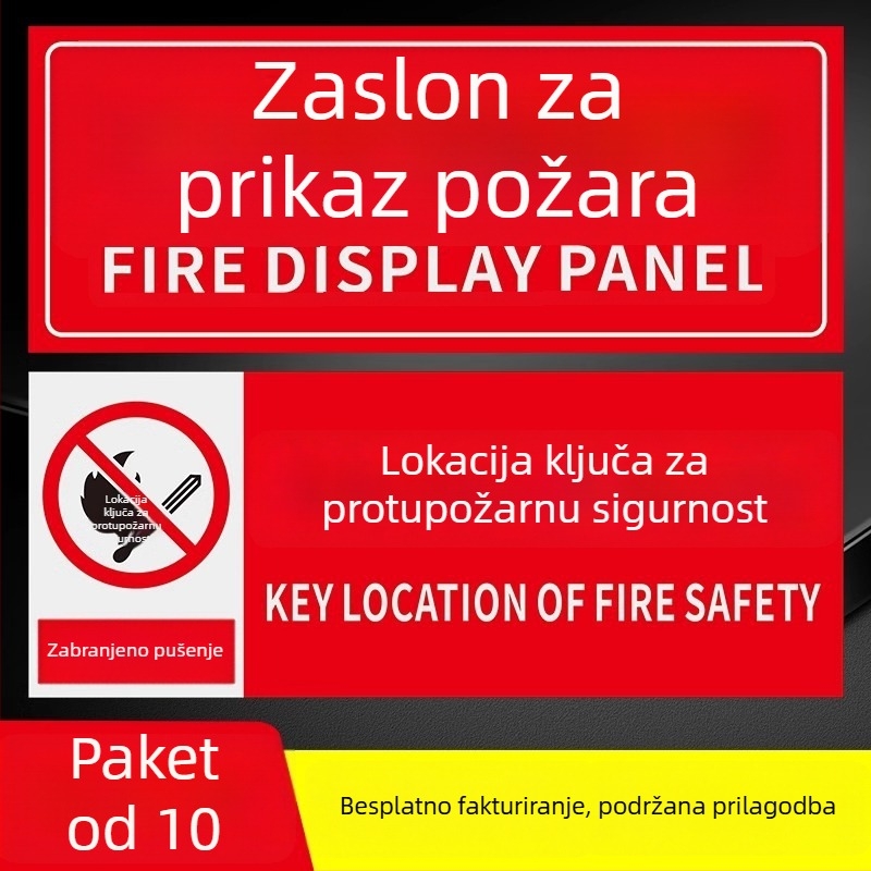 PVC samoljepljivi set oznaka za zaštitu od požara, veličina 10x10 cm, razne oznake: gumb alarma za požar, prikaz požara, hitni telefon, zvuk i vizualni alarm, i dr.