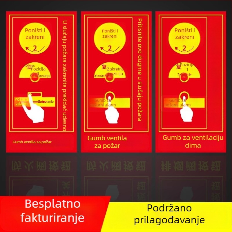 PVC samoljepljivi set oznaka za zaštitu od požara, veličina 10x10 cm, razne oznake: gumb alarma za požar, prikaz požara, hitni telefon, zvuk i vizualni alarm, i dr.