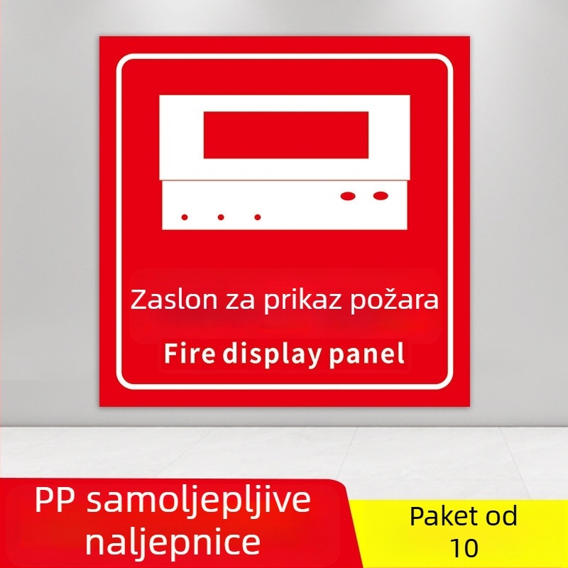 PVC samoljepljivi set oznaka za zaštitu od požara, veličina 10x10 cm, razne oznake: gumb alarma za požar, prikaz požara, hitni telefon, zvuk i vizualni alarm, i dr.