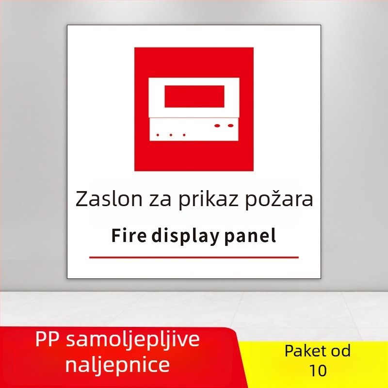 PVC samoljepljivi set oznaka za zaštitu od požara, veličina 10x10 cm, razne oznake: gumb alarma za požar, prikaz požara, hitni telefon, zvuk i vizualni alarm, i dr.