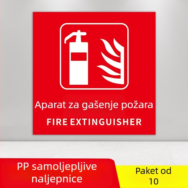 PVC samoljepljivi set oznaka za zaštitu od požara, veličina 10x10 cm, razne oznake: gumb alarma za požar, prikaz požara, hitni telefon, zvuk i vizualni alarm, i dr.