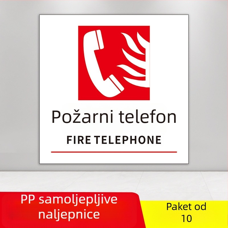 PVC samoljepljivi set oznaka za zaštitu od požara, veličina 10x10 cm, razne oznake: gumb alarma za požar, prikaz požara, hitni telefon, zvuk i vizualni alarm, i dr.