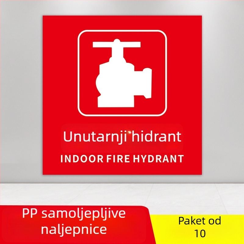 PVC samoljepljivi set oznaka za zaštitu od požara, veličina 10x10 cm, razne oznake: gumb alarma za požar, prikaz požara, hitni telefon, zvuk i vizualni alarm, i dr.