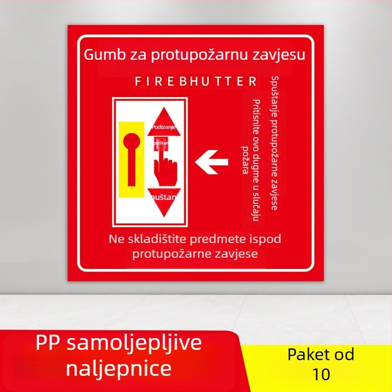 PVC samoljepljivi set oznaka za zaštitu od požara, veličina 10x10 cm, razne oznake: gumb alarma za požar, prikaz požara, hitni telefon, zvuk i vizualni alarm, i dr.