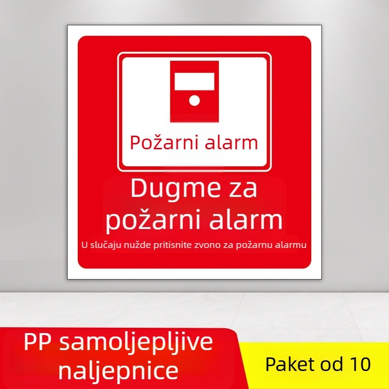 PVC samoljepljivi set oznaka za zaštitu od požara, veličina 10x10 cm, razne oznake: gumb alarma za požar, prikaz požara, hitni telefon, zvuk i vizualni alarm, i dr.