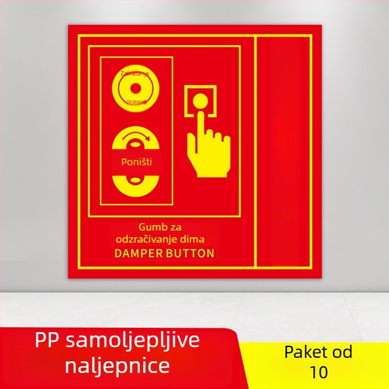 PVC samoljepljivi set oznaka za zaštitu od požara, veličina 10x10 cm, razne oznake: gumb alarma za požar, prikaz požara, hitni telefon, zvuk i vizualni alarm, i dr.