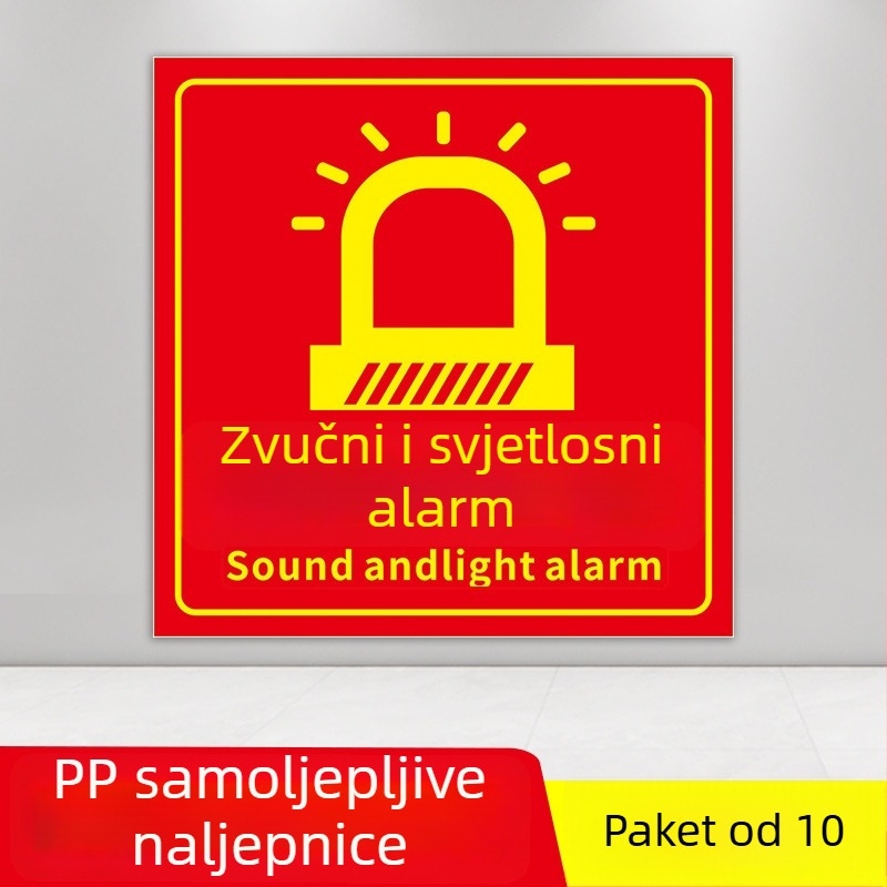 PVC samoljepljivi set oznaka za zaštitu od požara, veličina 10x10 cm, razne oznake: gumb alarma za požar, prikaz požara, hitni telefon, zvuk i vizualni alarm, i dr.