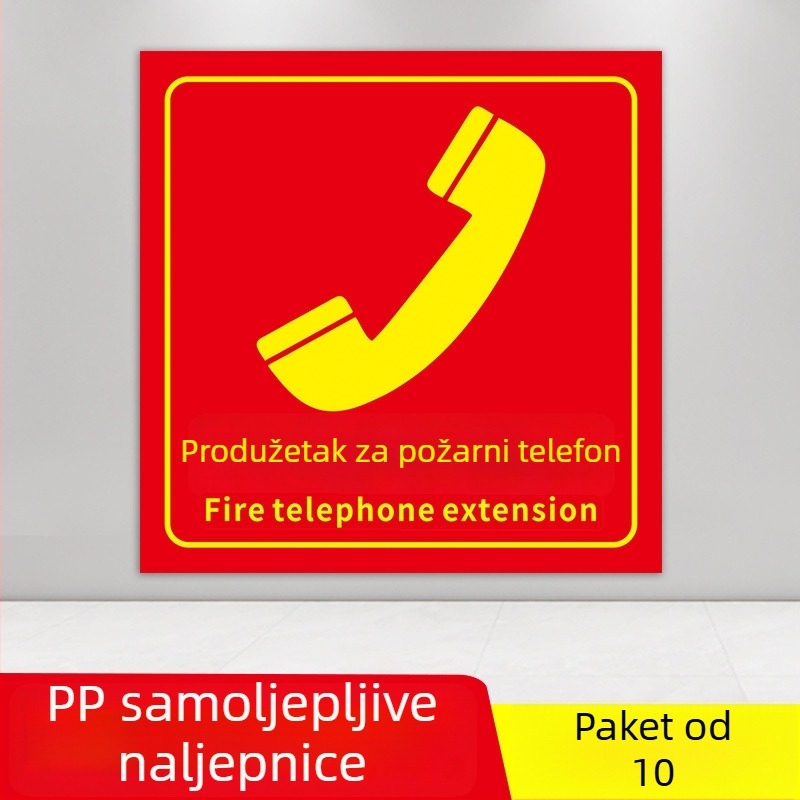 PVC samoljepljivi set oznaka za zaštitu od požara, veličina 10x10 cm, razne oznake: gumb alarma za požar, prikaz požara, hitni telefon, zvuk i vizualni alarm, i dr.