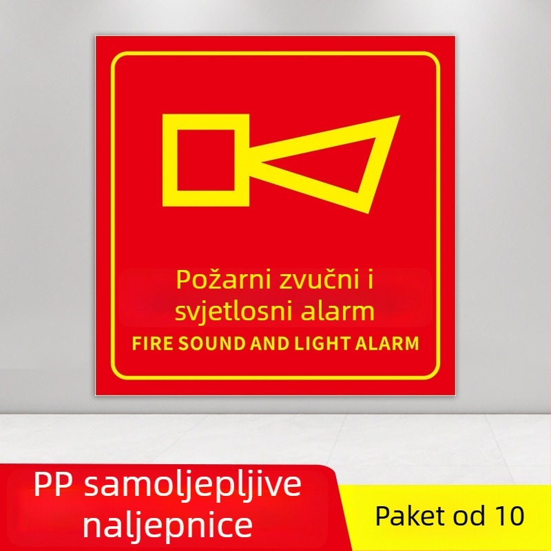 PVC samoljepljivi set oznaka za zaštitu od požara, veličina 10x10 cm, razne oznake: gumb alarma za požar, prikaz požara, hitni telefon, zvuk i vizualni alarm, i dr.