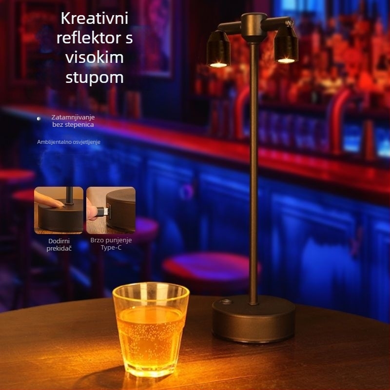 Lampa za barovu atmosferu na stol, dvostruka glava, visok stup reflektora, punjiva