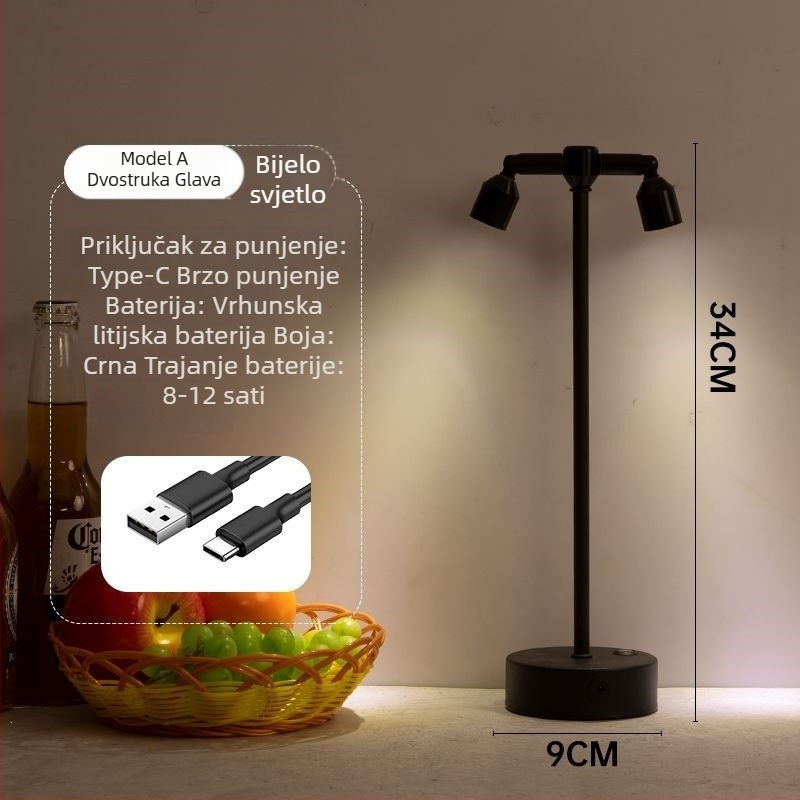 Lampa za barovu atmosferu na stol, dvostruka glava, visok stup reflektora, punjiva
