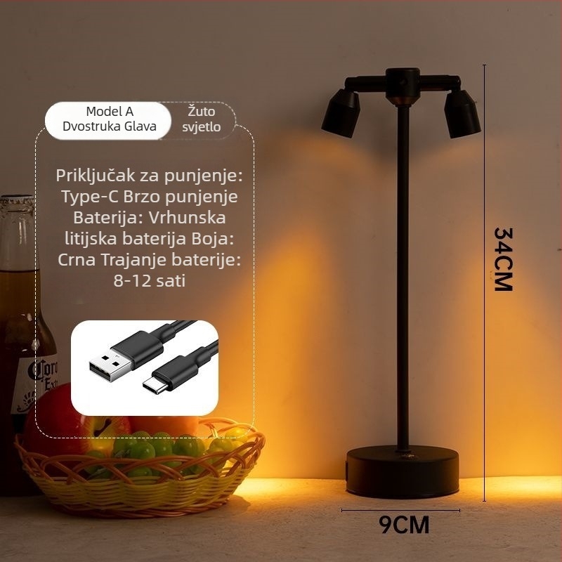 Lampa za barovu atmosferu na stol, dvostruka glava, visok stup reflektora, punjiva