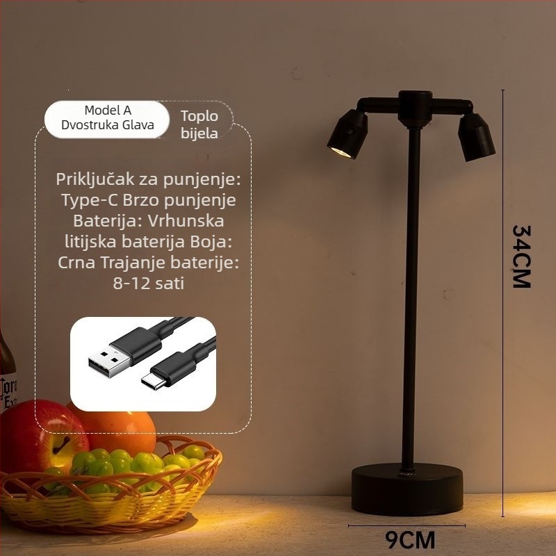 Lampa za barovu atmosferu na stol, dvostruka glava, visok stup reflektora, punjiva