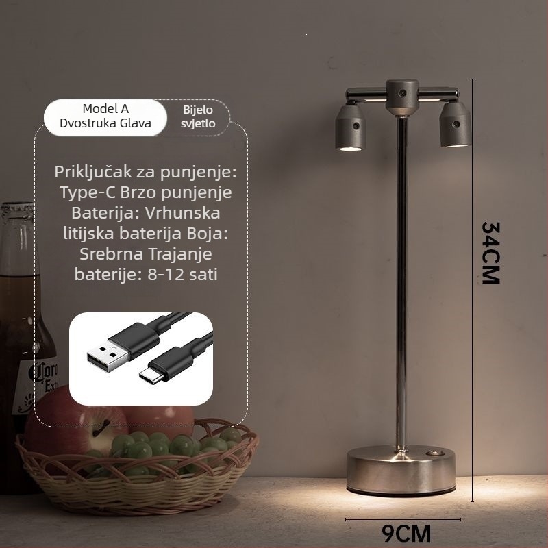 Lampa za barovu atmosferu na stol, dvostruka glava, visok stup reflektora, punjiva