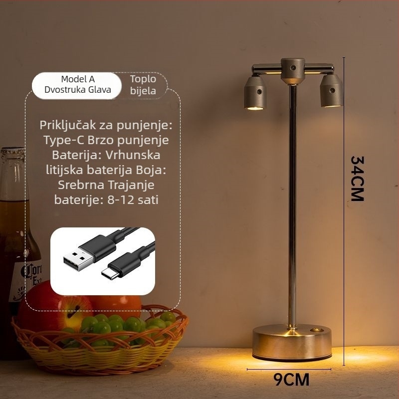 Lampa za barovu atmosferu na stol, dvostruka glava, visok stup reflektora, punjiva