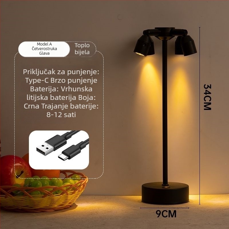Lampa za barovu atmosferu na stol, dvostruka glava, visok stup reflektora, punjiva